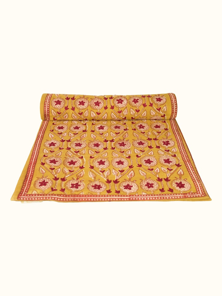 Close-up of the Marigold Hand Block Dabu With Embroidery Floral Bed Runner