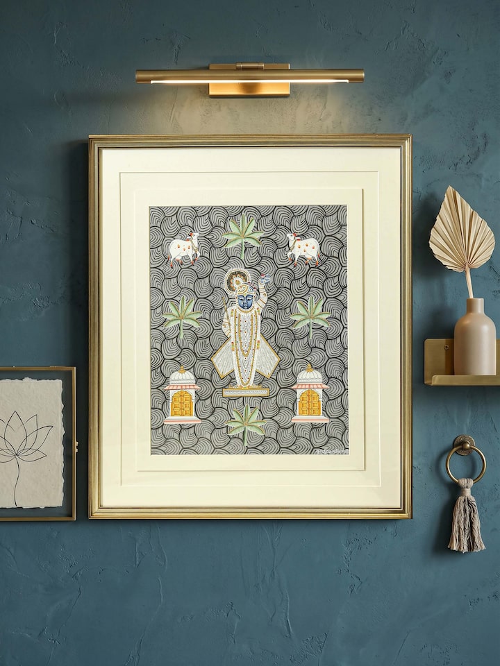 Styled view of Shrinathji Swaroop Geometric Pichwai Painting displayed against a styled backdrop
