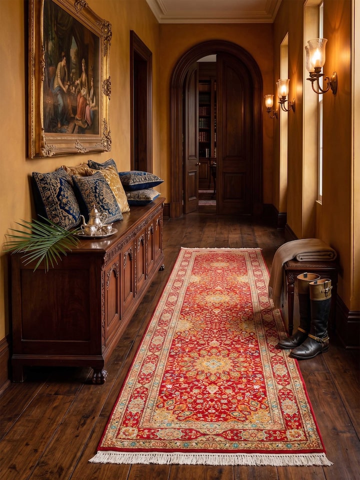 Lifestyle view of the Swadesh Traditional Persian Red Kashan Kashmir Silk Hand-Knotted Runner