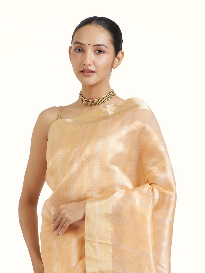 Angled view of Peach Chanderi Jal Saree revealing the depth of its color and intricate pattern