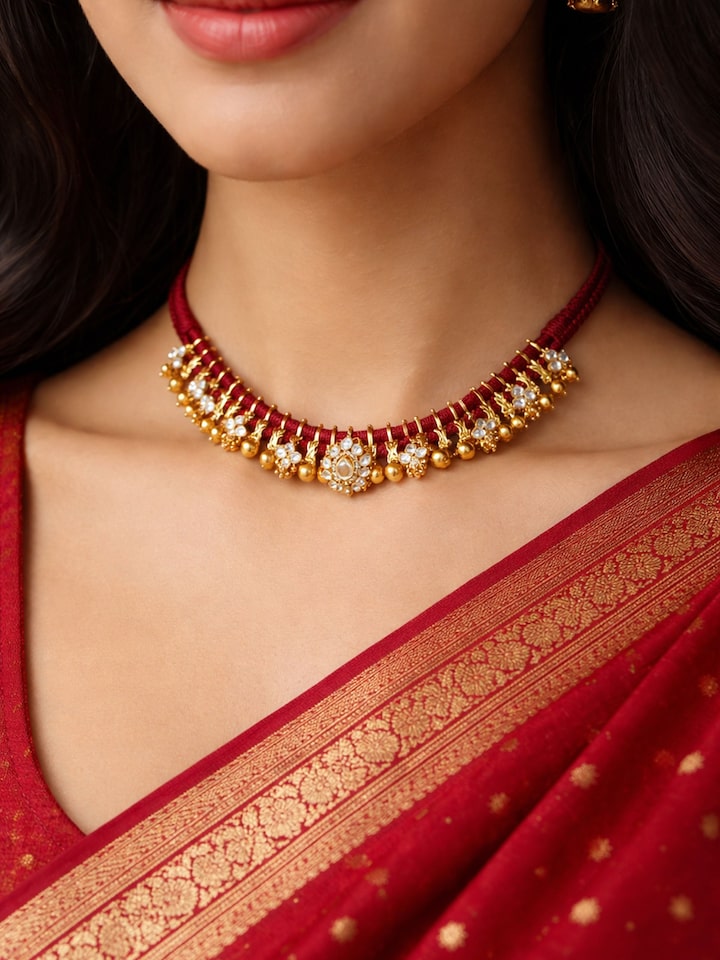 Lifestyle view of the Silver Smithing Gold Plated Plaited Collar Necklace
