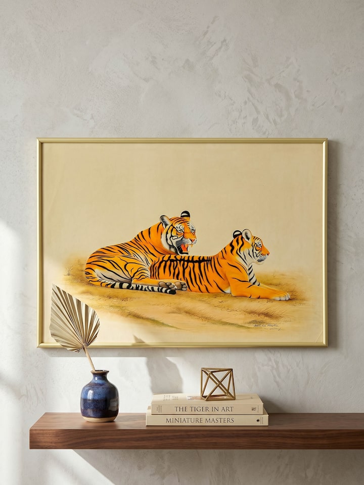 Styled view of Tiger and Tigress Miniature Painting displayed against a styled backdrop