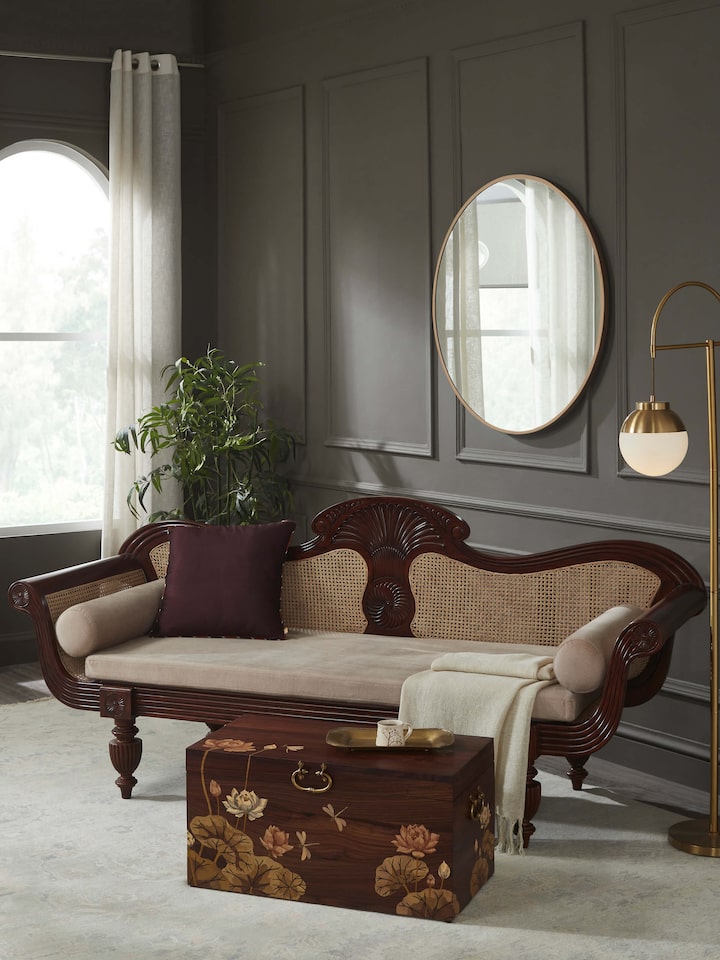 Side view of upholstered Mahogany wood and cane 3-seater sofa showcasing deep seating and armrest design