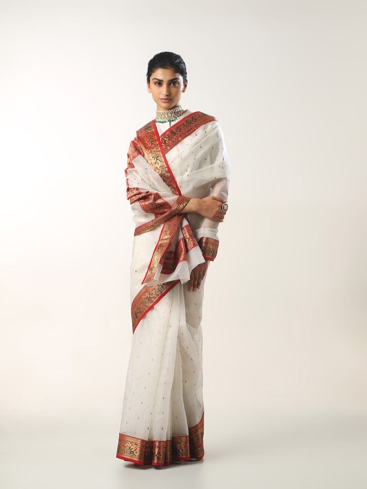 Side view of white cotton silk Chanderi saree highlighting graceful drape