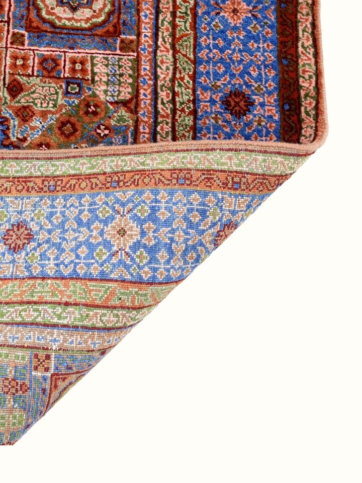 Back view of Traditional Persian Mamluk Rust Bhadohi Wool & Bamboo Silk Hand Knotted Rug showing the reverse weave