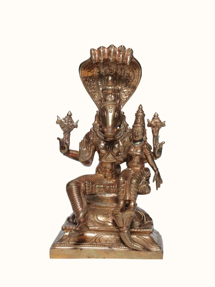 Front view of the Bronze Cast Varaha Lakshmi Idol
