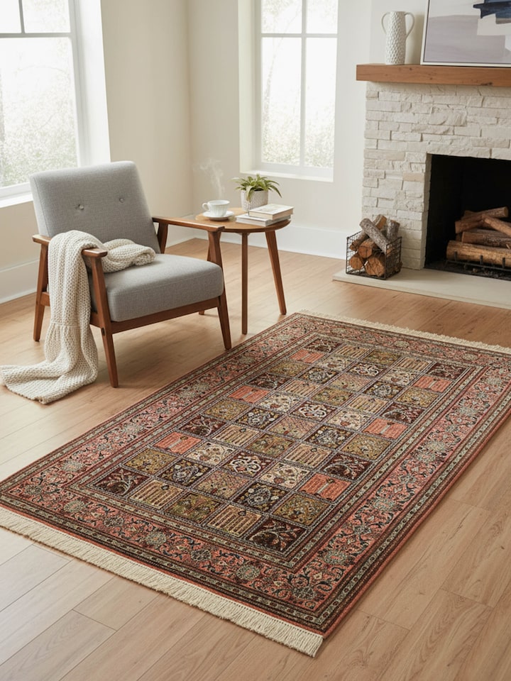 Traditional Persian Rust Dabdar Kashmir Silk Hand-knotted Rug