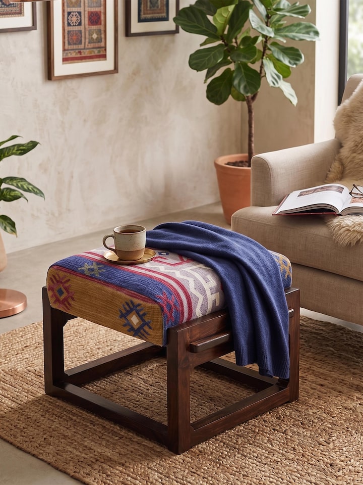 Panja Dhurrie Upholstered Sheesham Wood Ottoman