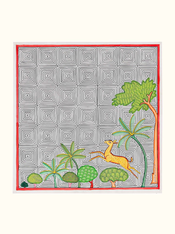 Front view of the Deer Forest Geometric Illusion Pichwai Painting