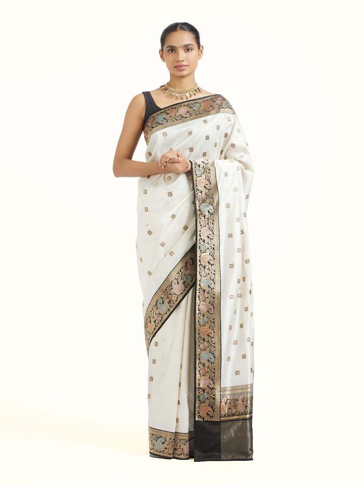 Front view of Off-white Banarasi Kadhwa Silk Saree showcasing its traditional craftsmanship and design