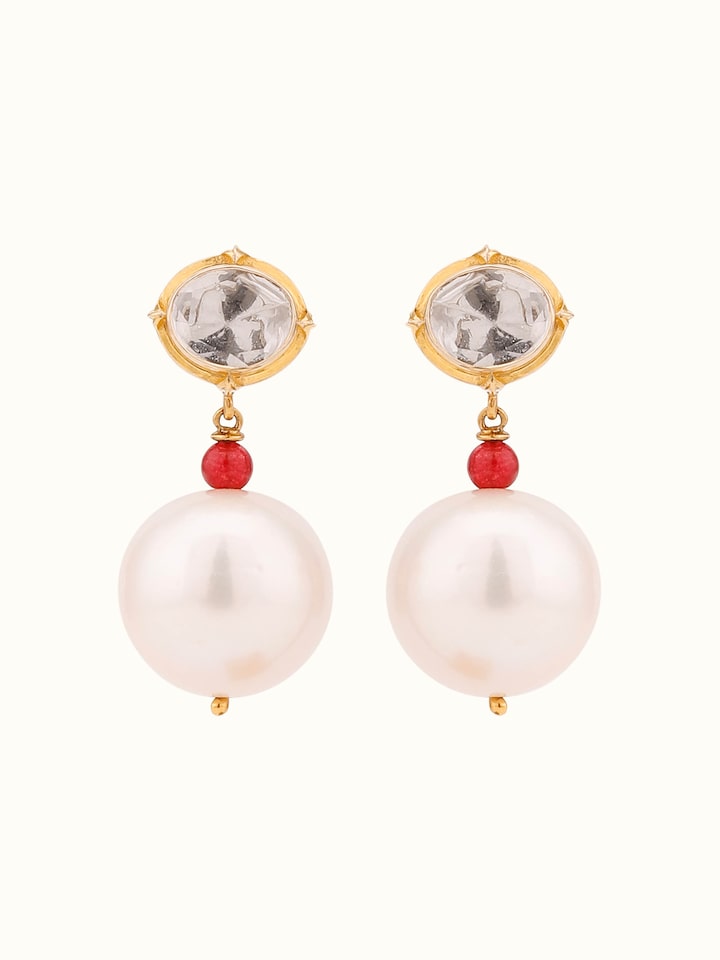 Front view of Dank Polki gold drop earrings featuring intricate polki setting in traditional style