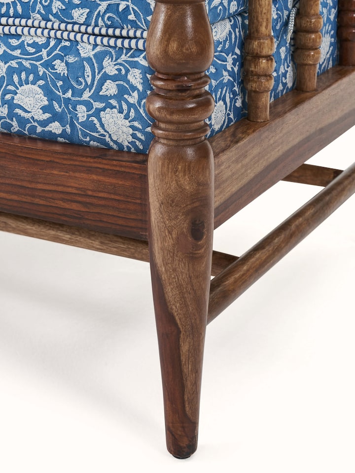 Close-up view of Sheesham wood Sanganeri block print bench showcasing the block print detail