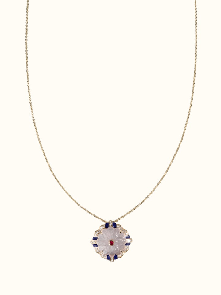 Front view of Lapidary 14 Karat Gold Pendant & Chain showing the complete piece and design