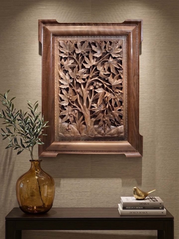 Styled view of Chinar Nama Walnut Wood Wall Hanging displayed against a styled backdrop