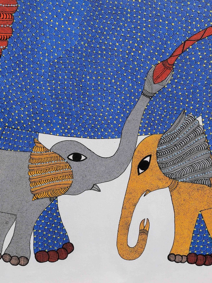Detail view of the The Elephant's Glory Gond Art