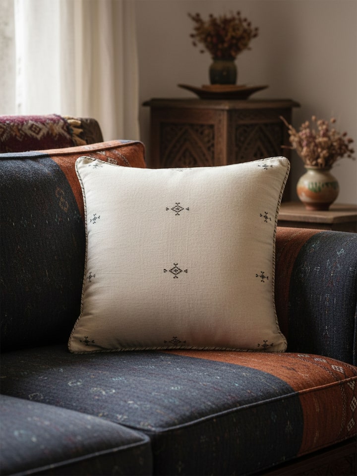 Folk geo hand embroidered bootis cushion cover with detailed embroidery, lifestyle view