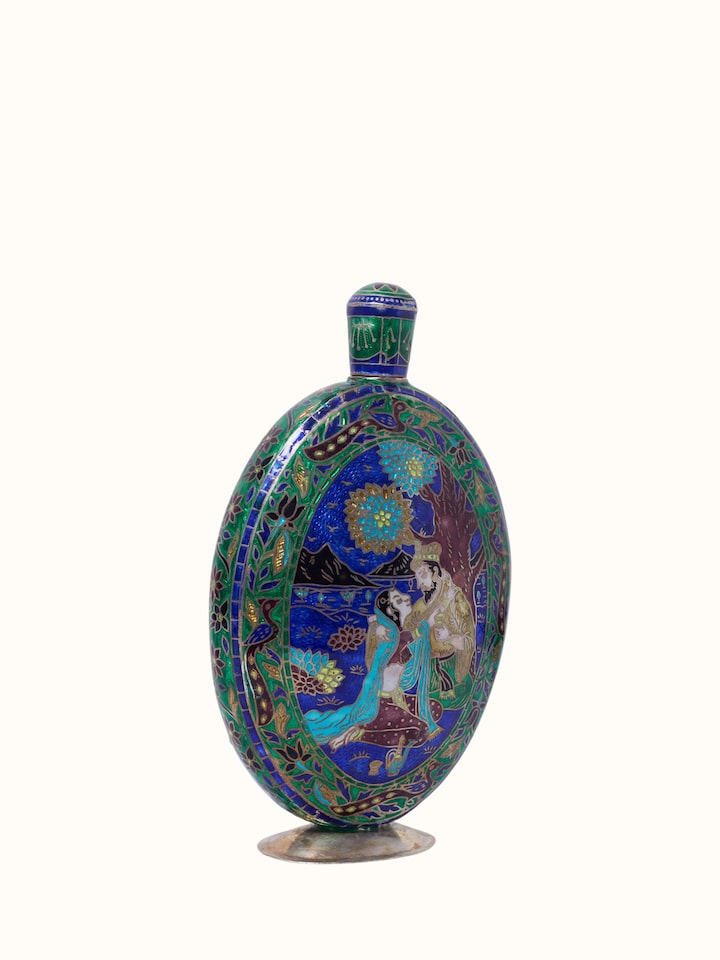 Close-up view of Enamelled Silver Flask highlighting the handcrafted detailing and finish