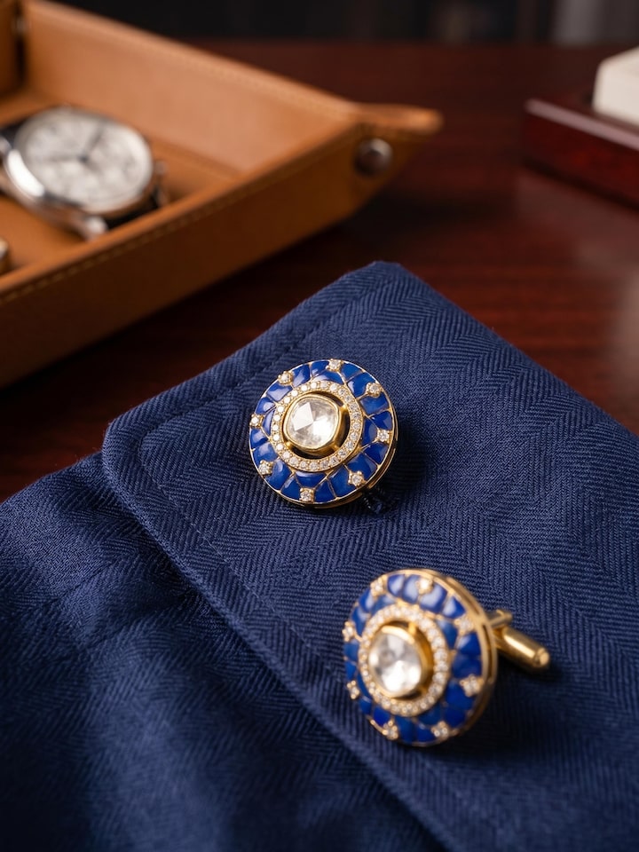 Styled view of Silver Smithing Gold Plated Cufflinks Set worn on the cuff, showing how it looks styled