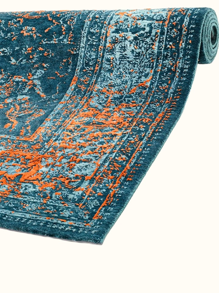 Detail view of Transitional Persian Blue Shikargah Bhadohi Wool & Bamboo Silk Hand Knotted Rug highlighting the intricate pattern and pile texture,...