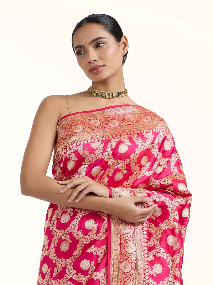 angled view of pink banarasi kadhwa silk saree
