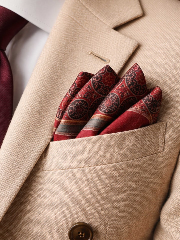 Side view of Assorted Silk Ajrakh Block Printed Pocket Squares Gift Set (3Pcs) showcasing the elegant drape and fabric texture