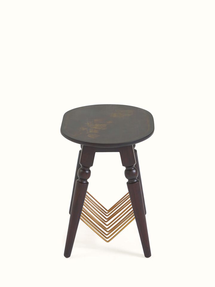Angled back view of Swadesh Sheesham Wood & Brass Tarkashi Magazine Rack with Metal Shelf highlighting the rich wood finish and unique brass accents