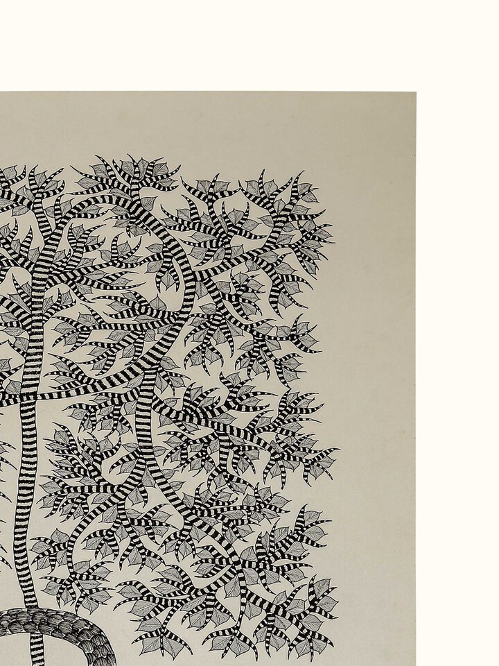 Rear detail view of the Calf Under Mother Tree Gond Art