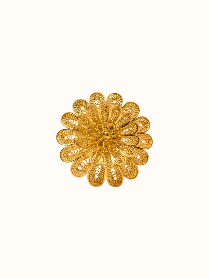 Front view of Silver Smithing Ring showing the gold-tone daisy flower design