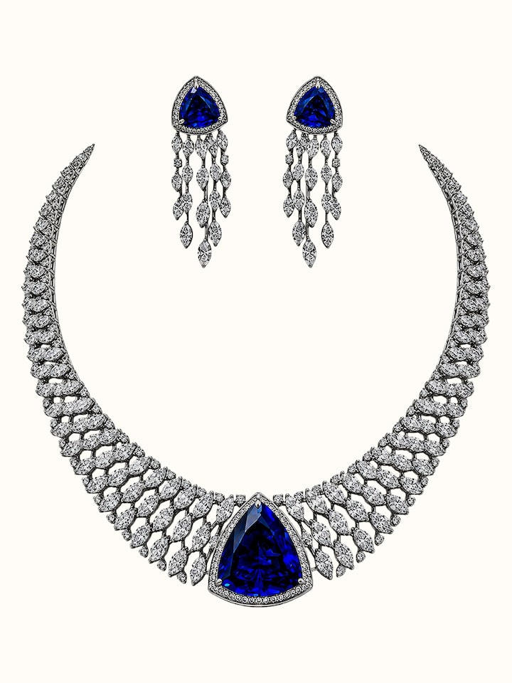 Front view of Open Setting 14 Karat White Gold Set with Diamonds and Sapphires showing the complete piece and design