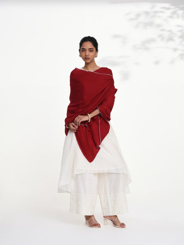 Side view of maroon Pashmina kaaj embroidered handwoven stole highlighting soft drape and warmth