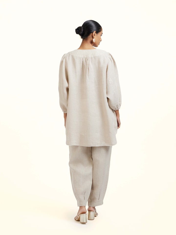 Back view of Natural Chikankari Linen Top showing the back design