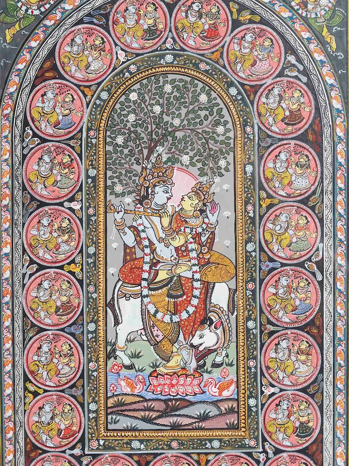 Detail view of the Radha Krishna Rasa Patachitra Painting