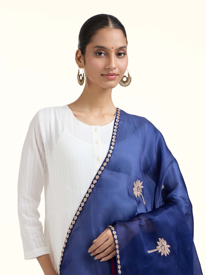 Angled view of Sapphire Zardozi Hand Embroidered Dupatta revealing the depth of its color and intricate pattern