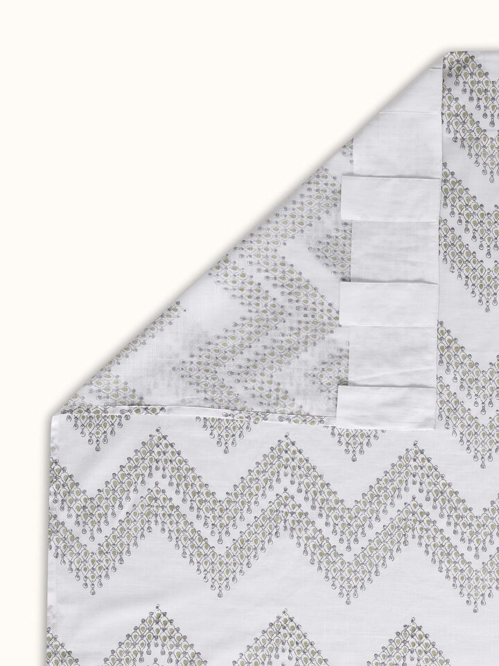 Rambagh Green Geo Chevron Cotton Sanganeri Hand Block Printed Curtain (9 Ft)