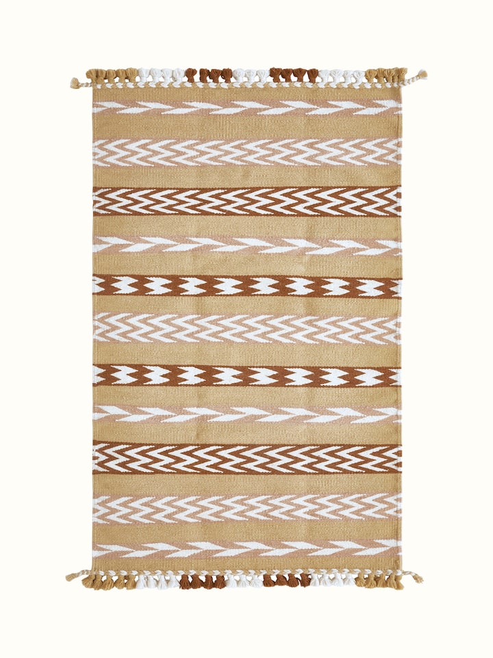 Front view of Chevron Stripes Yellow Gujarat Wool & Cotton Panja Dhurrie Kharad showcasing the stripe pattern.