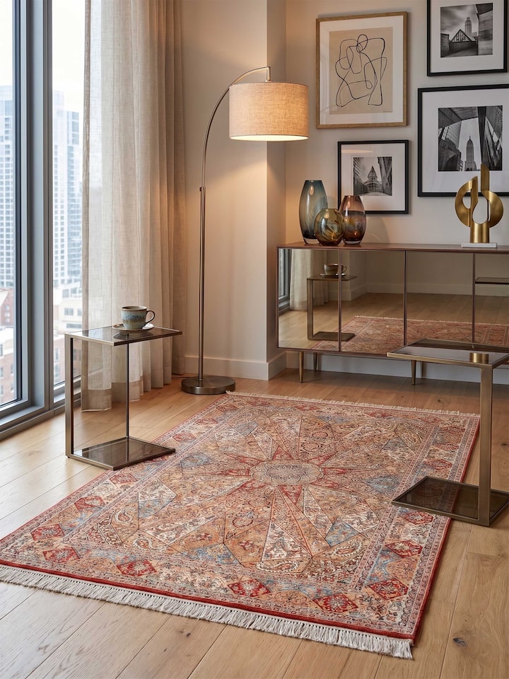 Lifestyle view of the Traditional Persian Rust Khatamband Kashmir Silk Hand-Knotted Carpet