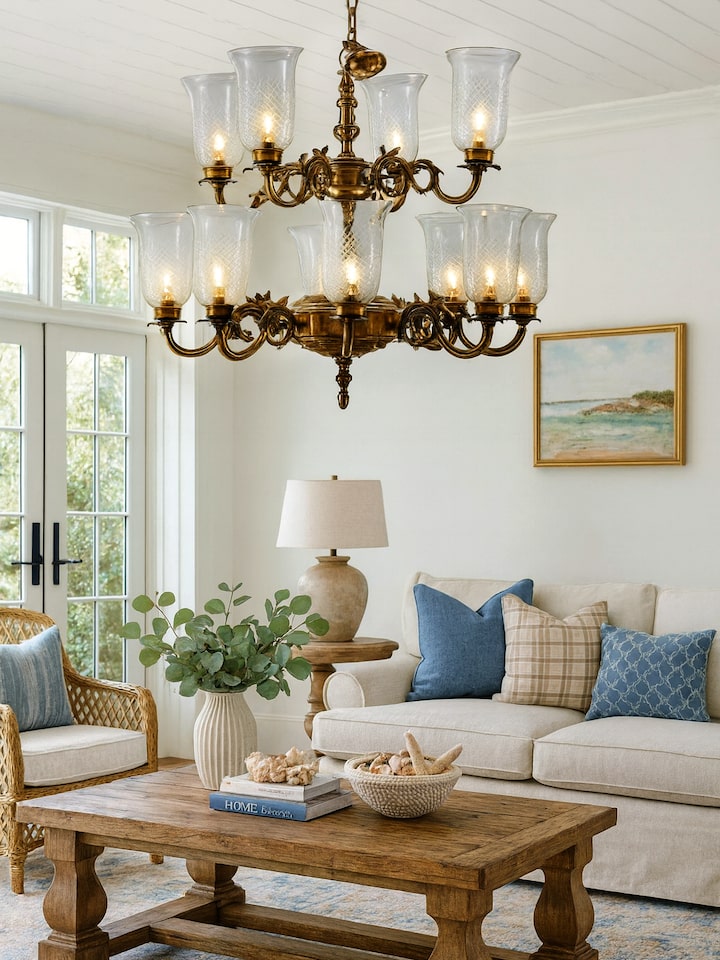 Lifestyle view of Glass Work Brass Chandelier