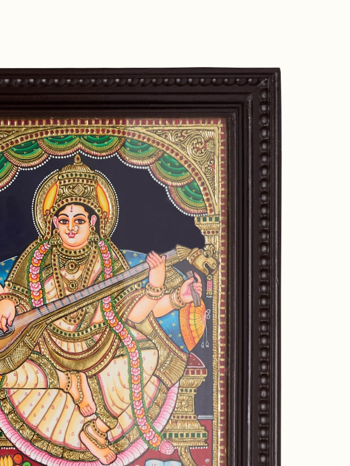 Detail view of the Lakshmi Ganesh Saraswathi Thanjavur Painting