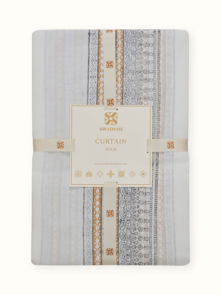 Sanganeri hand block print grey block stripe sheer curtain 7 ft, detailed stitching view