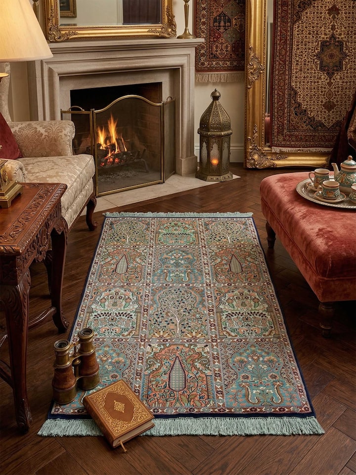 Lifestyle view of the Traditional Persian Grey Hamadan Kashmir Silk Hand-Knotted Carpet