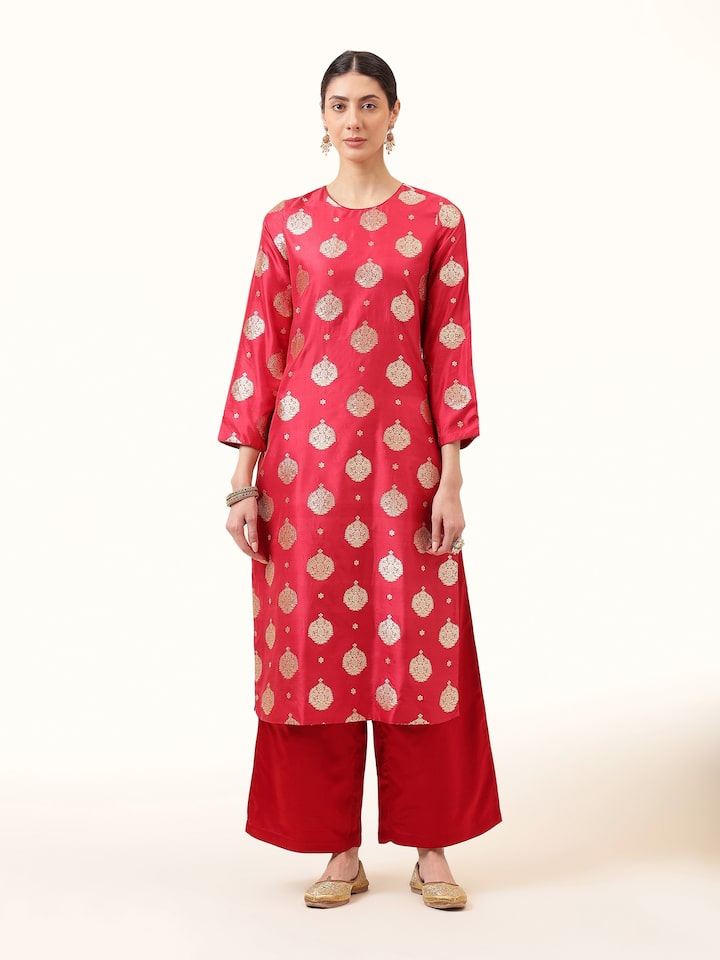 Front view of maroon silk Banarasi kurta showcasing intricate zari work and rich texture