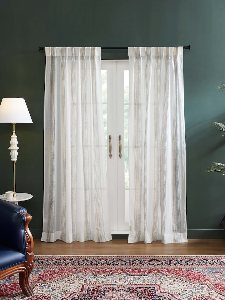 Sanganeri hand block print grey block stripe sheer curtain 7 ft, lifestyle view