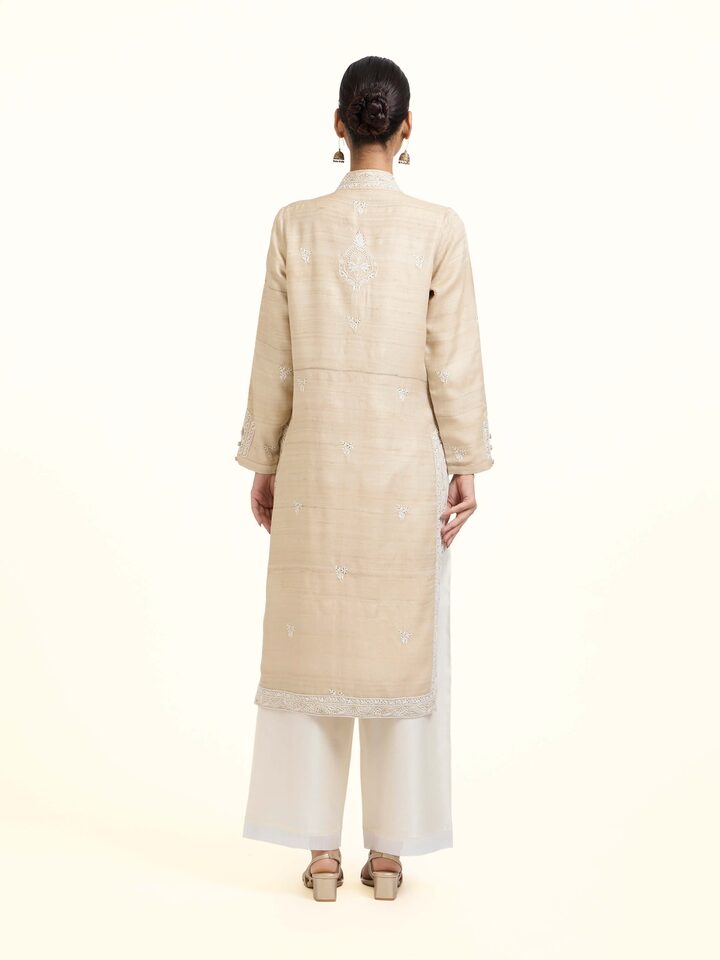 Back view of the Beige Tussar Silk Chikankari Jacket Style Kurta