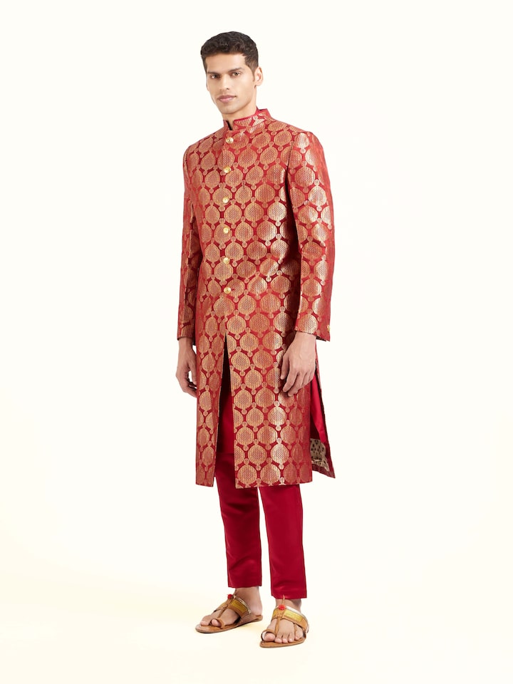 Side view of maroon silk Banarasi butidar sherwani with elegant silhouette