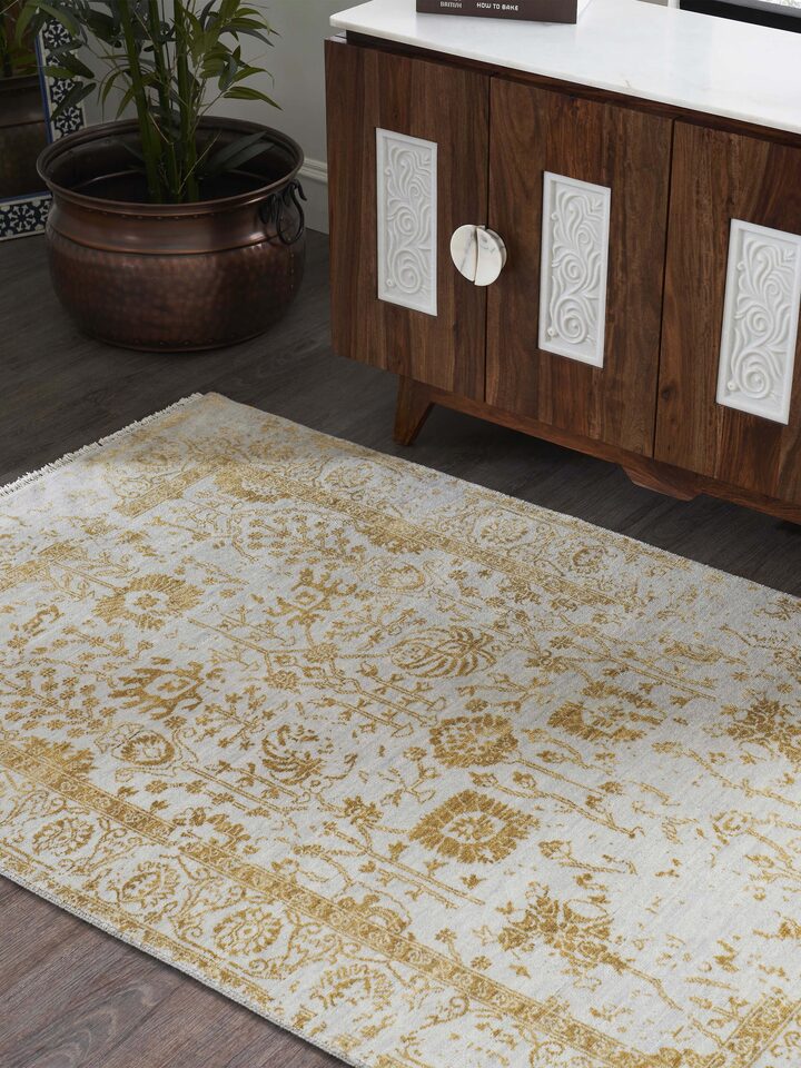 Close-up of Distressed Transitional Grey Gold Agra Wool & Viscose Hand-Knotted Rug, focusing on the detailed texture and pattern.