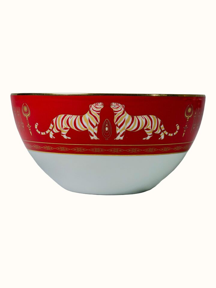 Front view of Small Ceramic Serving Bowl With Gold Decal Finish. showing the front design and form