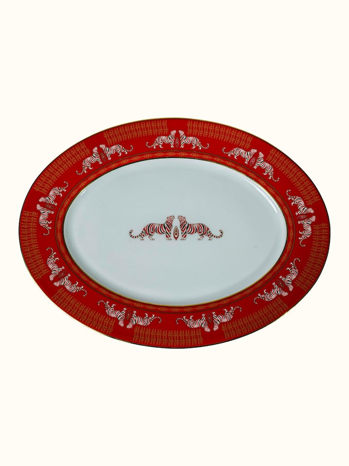 Front view of Oval Ceramic Serving Platter With Gold-Accented, Glaze-Set Motifs showing the front design and form