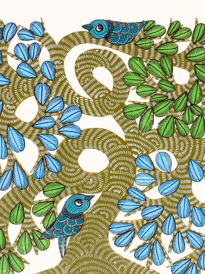 Close-up detail of the Feathered Tree Gond Art