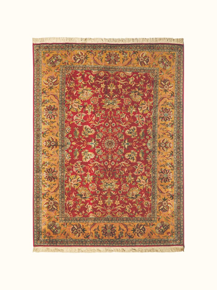 Front view of the Swadesh Traditional Persian Red Gold Kashan Kashmir Silk Hand-Knotted Carpet