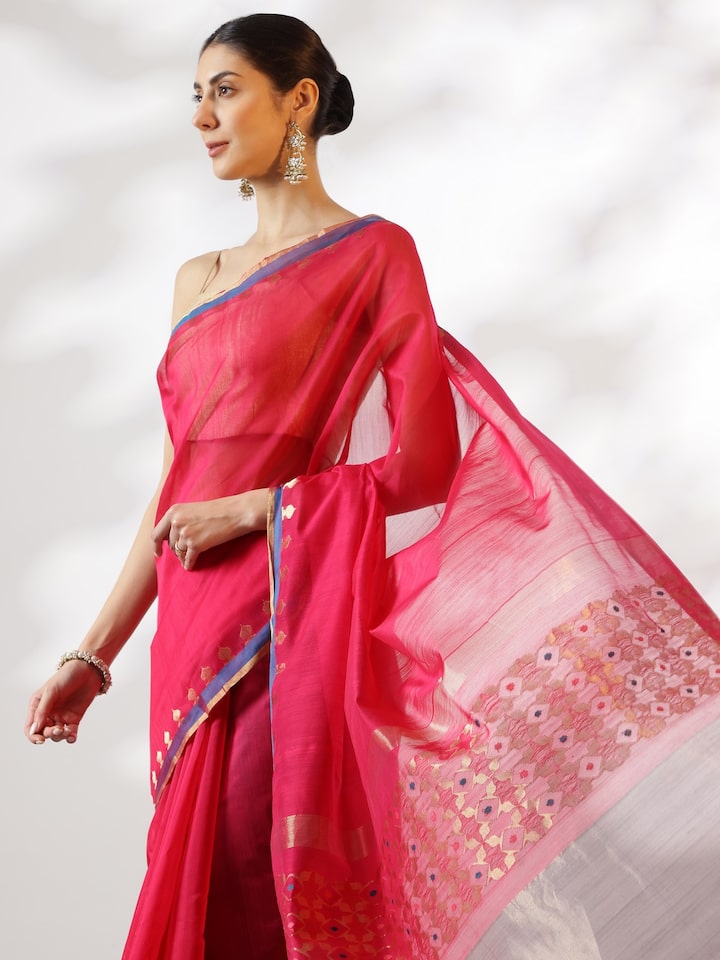 Angled view of diti cotton silk Chanderi saree emphasizing subtle weave and elegance